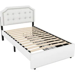 Lit avec rangement 90x200 cm simple capitonné avec 2 tiroirs et tête de lit courbée cloutée - revêtement en lin beige foncé><noscript><img width=
