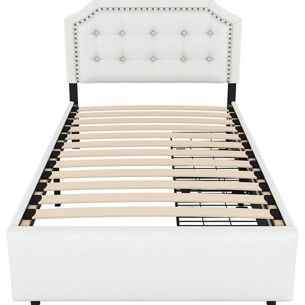 Lit avec rangement 90x200 cm simple capitonné avec 2 tiroirs et tête de lit courbée cloutée - revêtement en lin beige foncé>Okwish