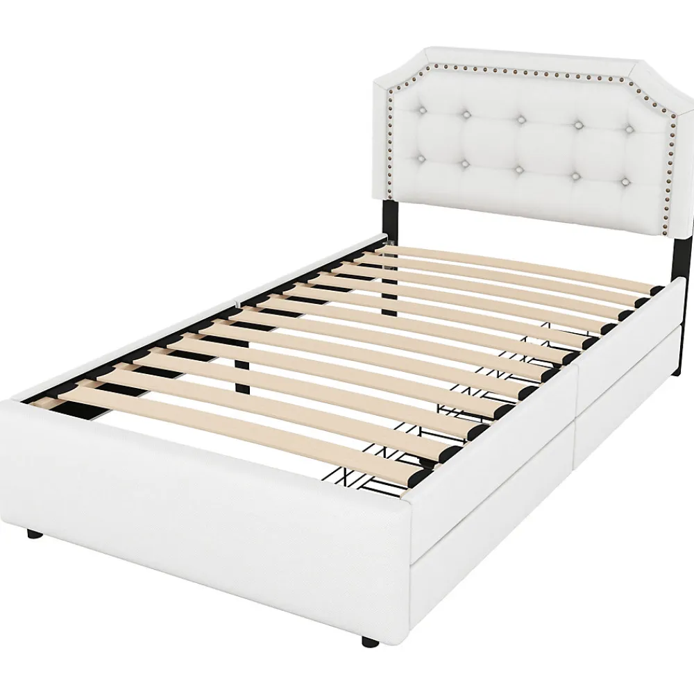 Lit avec rangement 90x200 cm simple capitonné avec 2 tiroirs et tête de lit courbée cloutée - revêtement en lin beige foncé>Okwish
