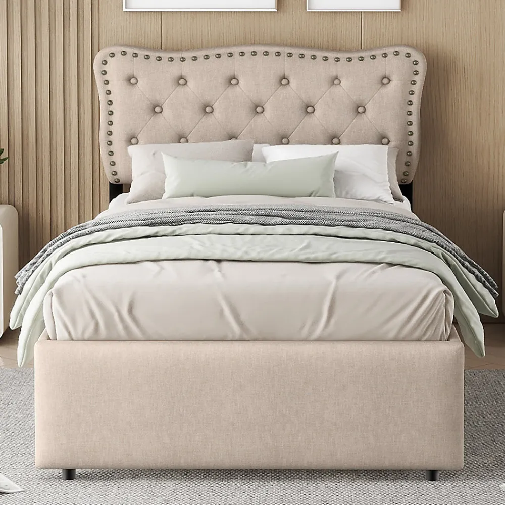 Lit avec rangement 90x200 cm simple capitonné avec 2 tiroirs et tête de lit ondulée cloutée - revêtement en lin beige foncé>Okwish New