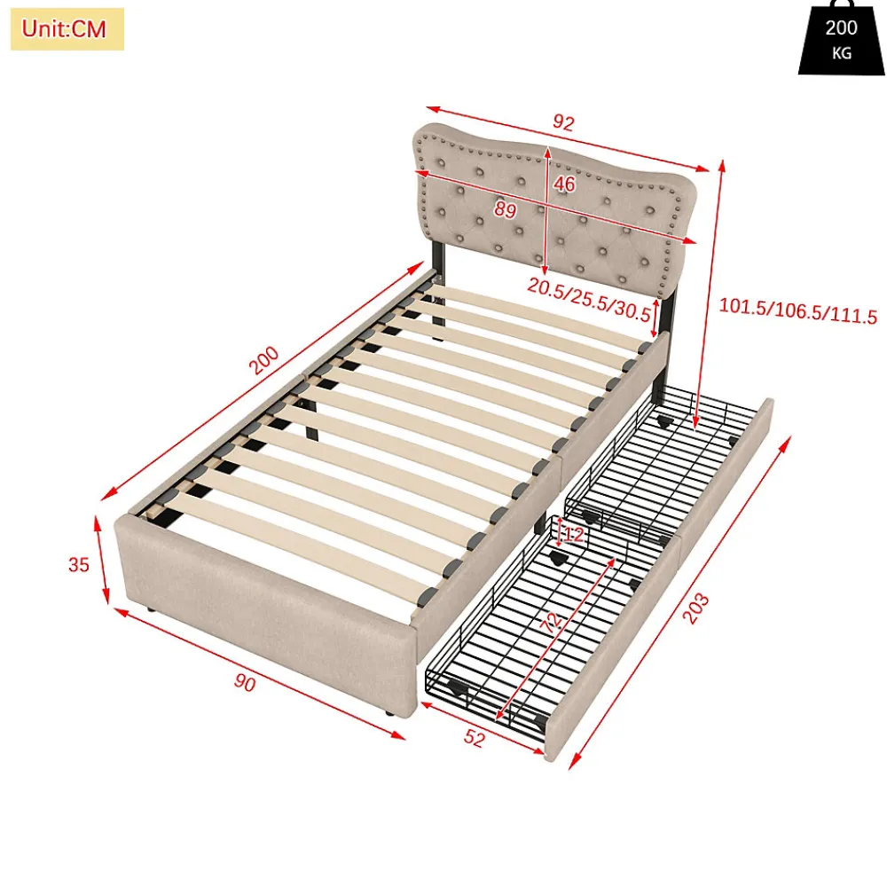 Lit avec rangement 90x200 cm simple capitonné avec 2 tiroirs et tête de lit ondulée cloutée - revêtement en lin beige foncé>Okwish New