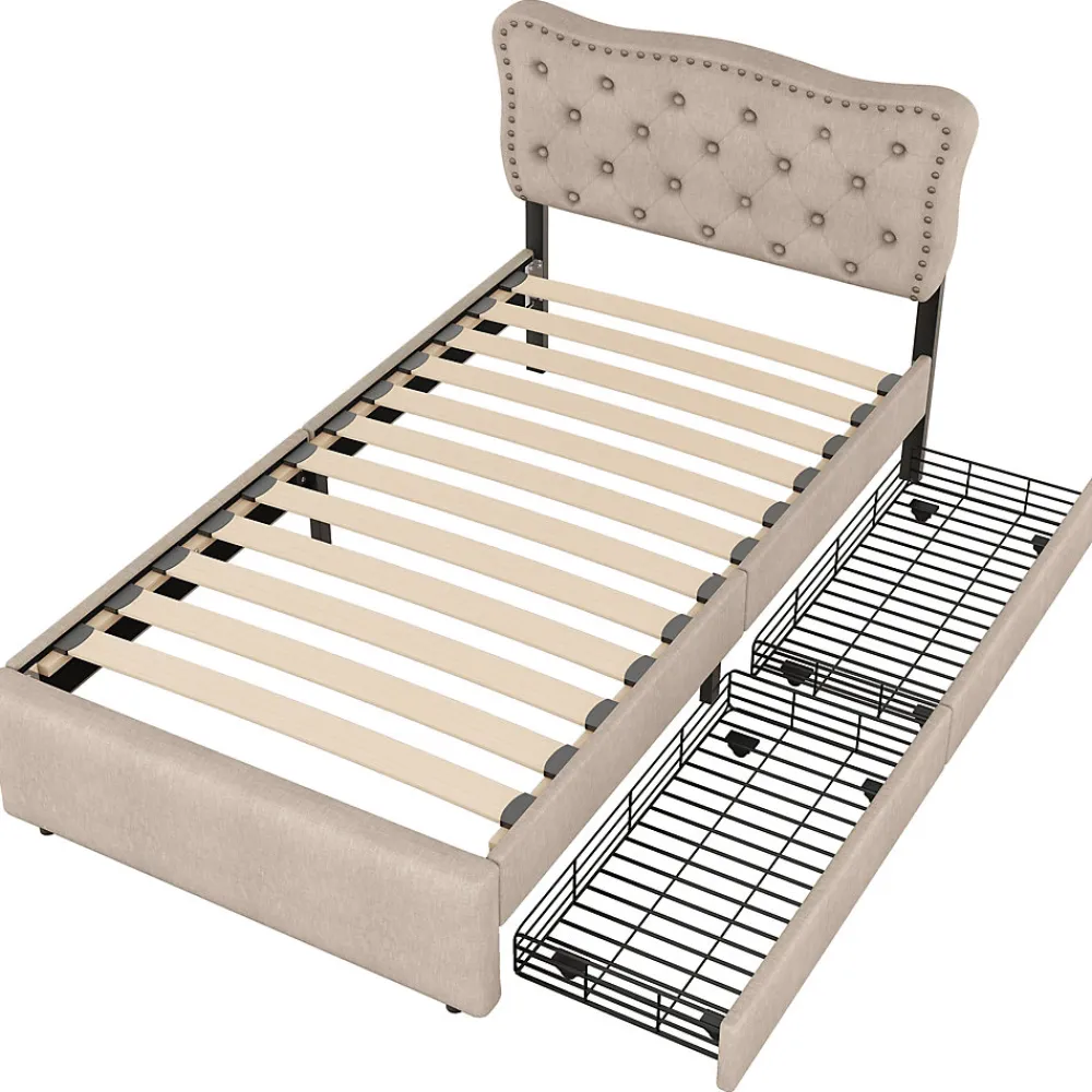 Lit avec rangement 90x200 cm simple capitonné avec 2 tiroirs et tête de lit ondulée cloutée - revêtement en lin beige foncé>Okwish New