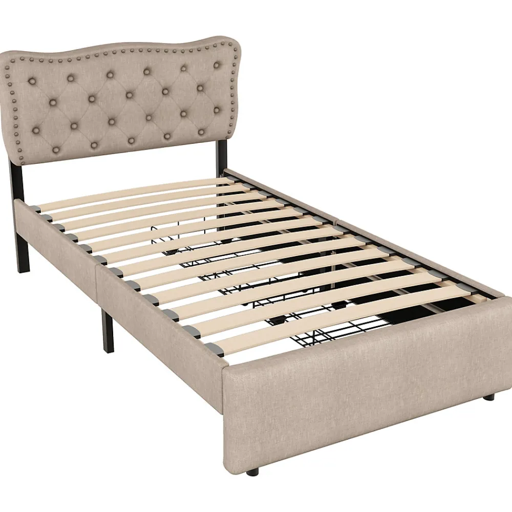 Lit avec rangement 90x200 cm simple capitonné avec 2 tiroirs et tête de lit ondulée cloutée - revêtement en lin beige foncé>Okwish New