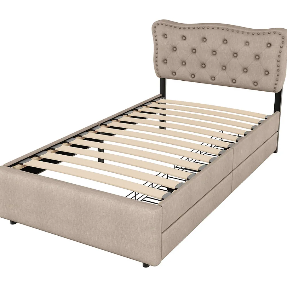 Lit avec rangement 90x200 cm simple capitonné avec 2 tiroirs et tête de lit ondulée cloutée - revêtement en lin beige foncé>Okwish New