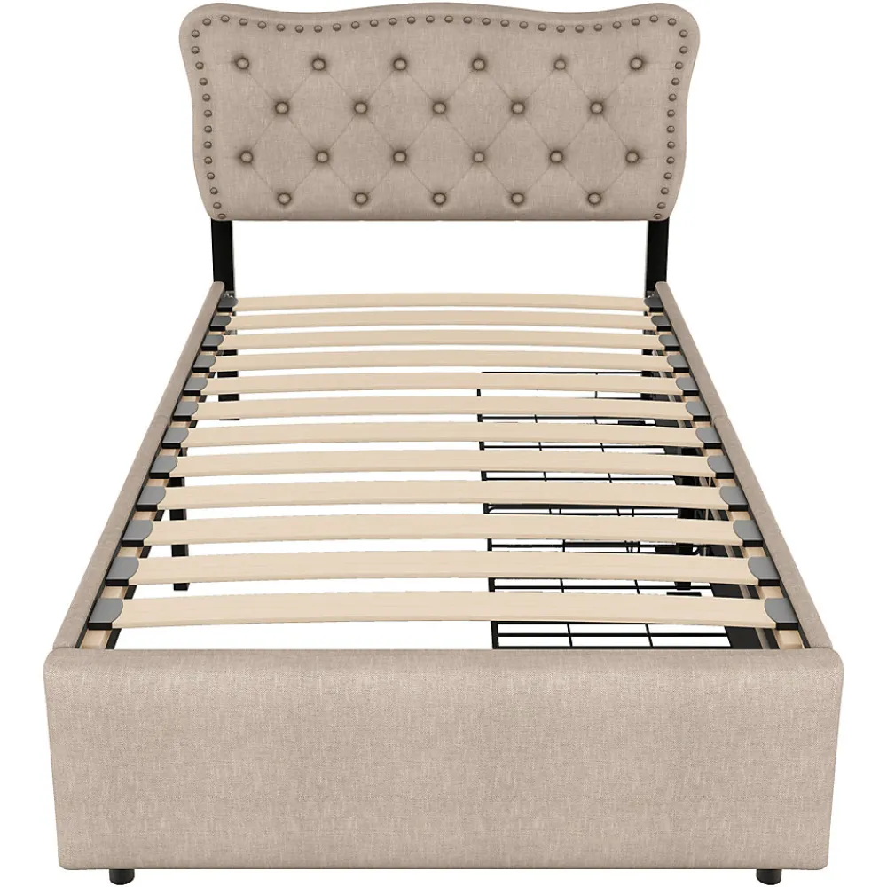 Lit avec rangement 90x200 cm simple capitonné avec 2 tiroirs et tête de lit ondulée cloutée - revêtement en lin beige foncé>Okwish New