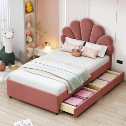 Lit avec rangement 90x200 cm simple enfant fille capitonné avec 2 ablagefächer et lattenrost, velours+bois rose, sans matelas>Okwish Discount