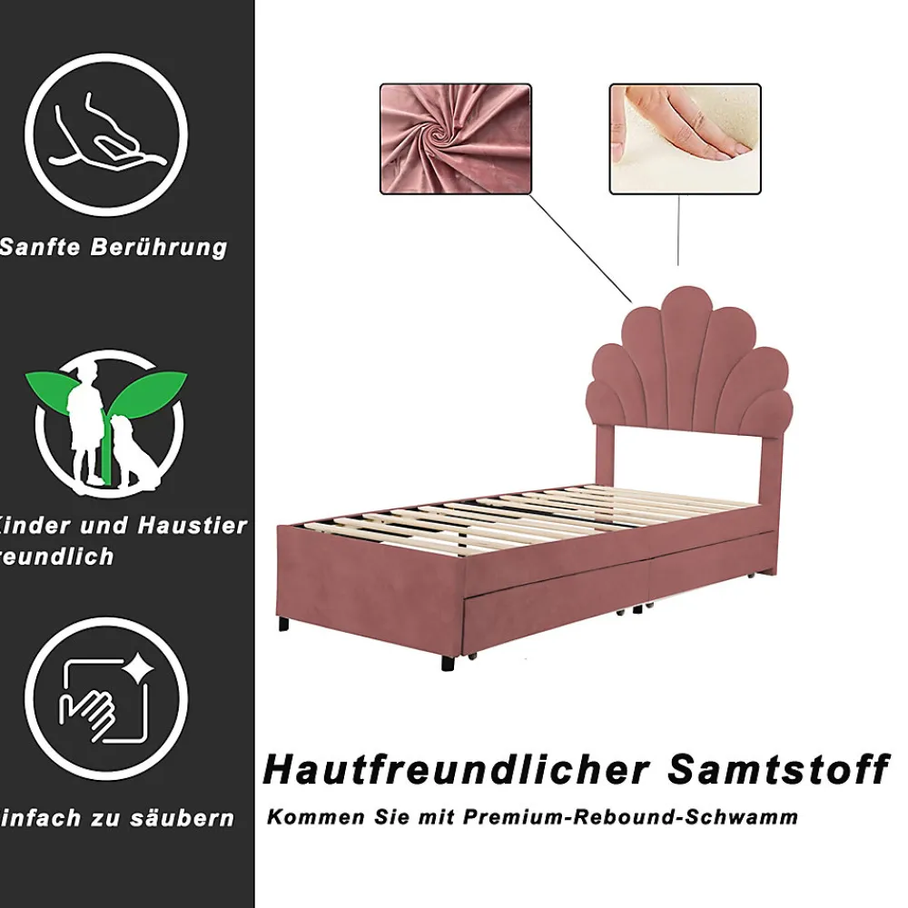 Lit avec rangement 90x200 cm simple enfant fille capitonné avec 2 ablagefächer et lattenrost, velours+bois rose, sans matelas>Okwish Discount