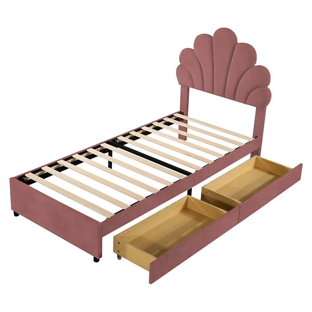 Lit avec rangement 90x200 cm simple enfant fille capitonné avec 2 ablagefächer et lattenrost, velours+bois rose, sans matelas>Okwish Discount