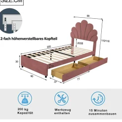 Lit avec rangement 90x200 cm simple enfant fille capitonné avec 2 ablagefächer et lattenrost, velours+bois rose, sans matelas><noscript><img width=