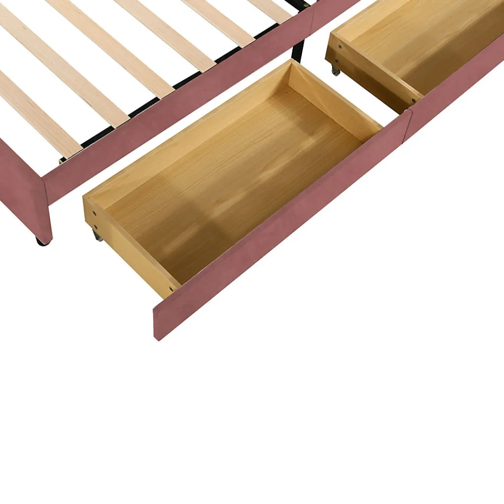 Lit avec rangement 90x200 cm simple enfant fille capitonné avec 2 ablagefächer et lattenrost, velours+bois rose, sans matelas>Okwish Discount
