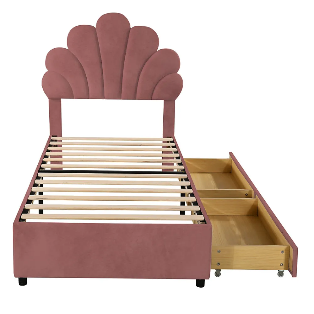 Lit avec rangement 90x200 cm simple enfant fille capitonné avec 2 ablagefächer et lattenrost, velours+bois rose, sans matelas>Okwish Discount