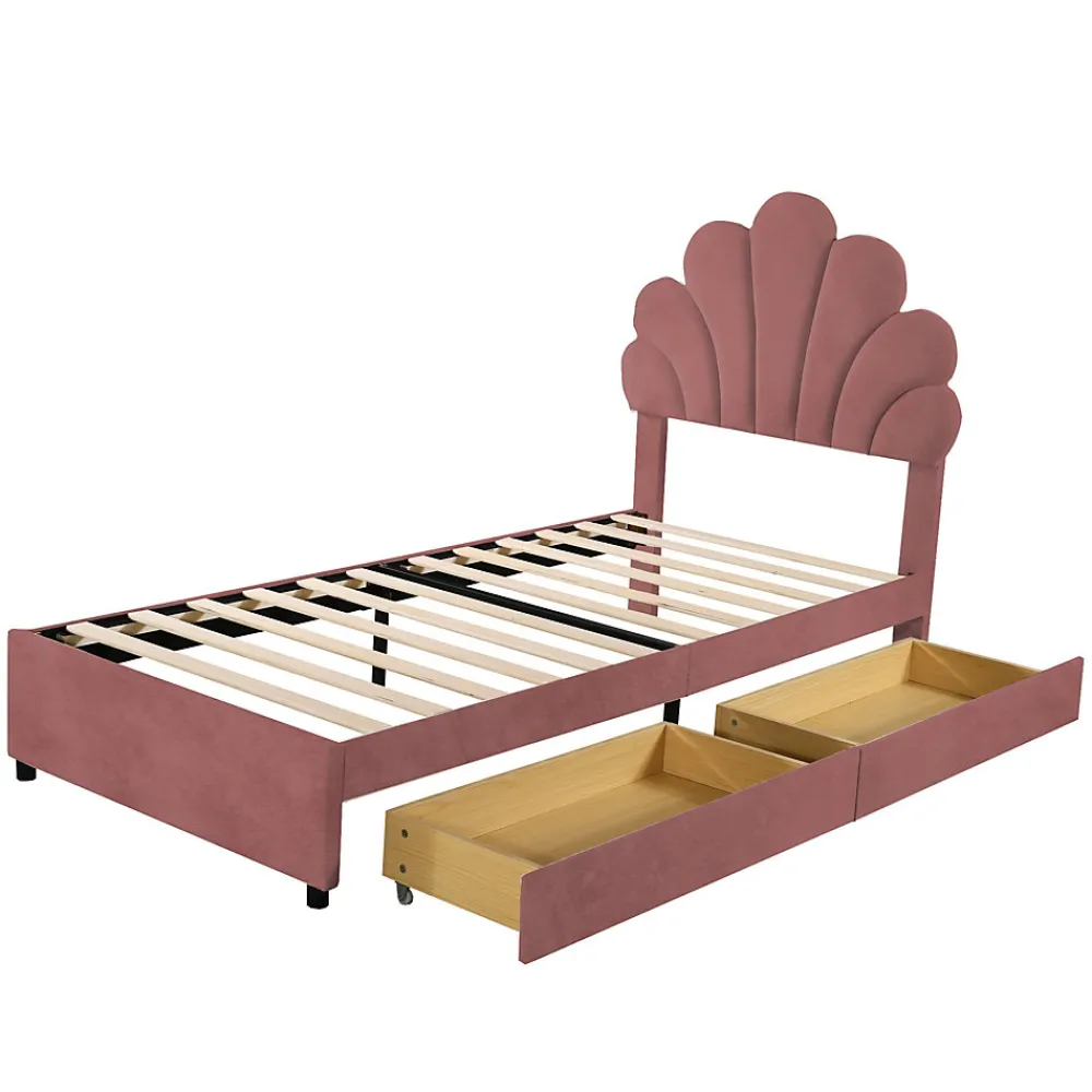 Lit avec rangement 90x200 cm simple enfant fille capitonné avec 2 ablagefächer et lattenrost, velours+bois rose, sans matelas>Okwish Discount