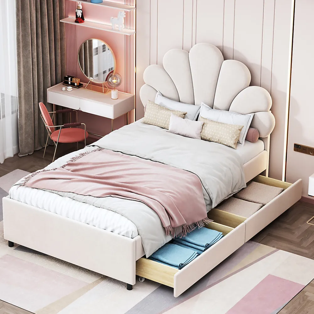 Lit avec rangement 90x200 cm simple enfant fille capitonné avec 2 ablagefächer et lattenrost, velours+bois beige, sans matelas>Okwish Online