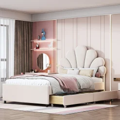 Lit avec rangement 90x200 cm simple enfant fille capitonné avec 2 ablagefächer et lattenrost, velours+bois beige, sans matelas>Okwish Online