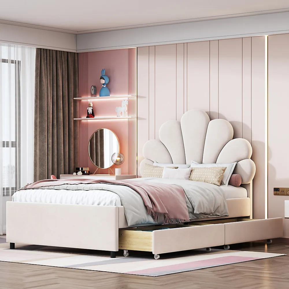 Lit avec rangement 90x200 cm simple enfant fille capitonné avec 2 ablagefächer et lattenrost, velours+bois beige, sans matelas>Okwish Online