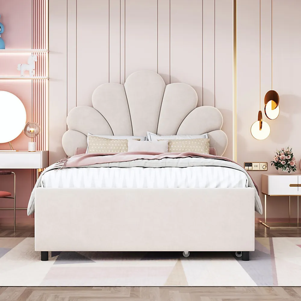 Lit avec rangement 90x200 cm simple enfant fille capitonné avec 2 ablagefächer et lattenrost, velours+bois beige, sans matelas>Okwish Online
