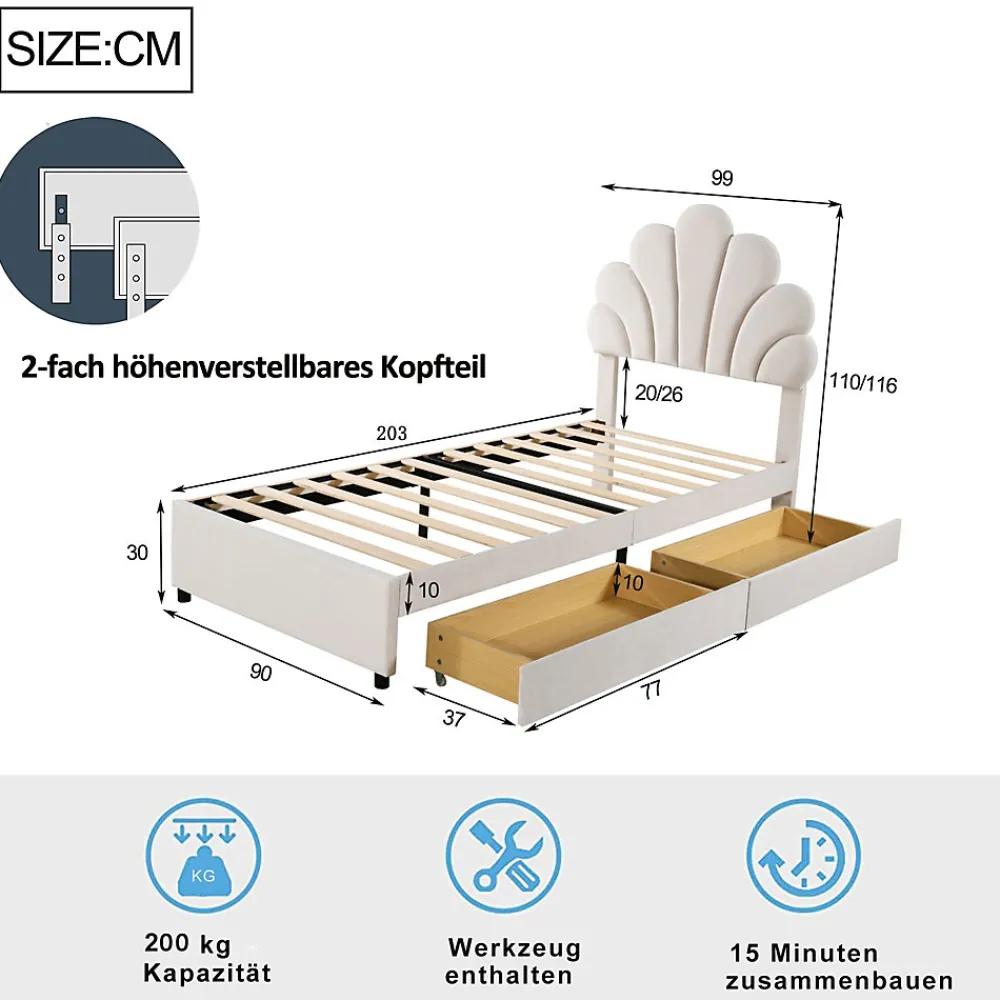 Lit avec rangement 90x200 cm simple enfant fille capitonné avec 2 ablagefächer et lattenrost, velours+bois beige, sans matelas>Okwish Online