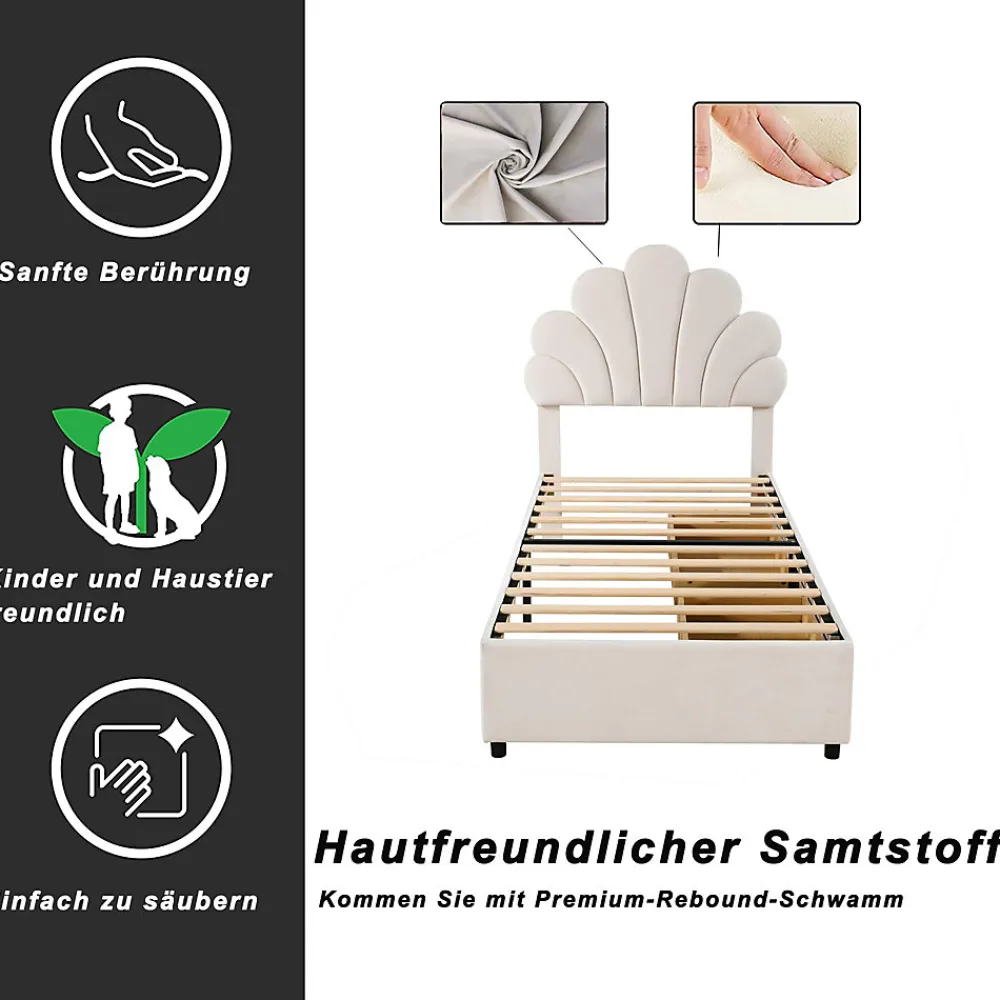 Lit avec rangement 90x200 cm simple enfant fille capitonné avec 2 ablagefächer et lattenrost, velours+bois beige, sans matelas>Okwish Online