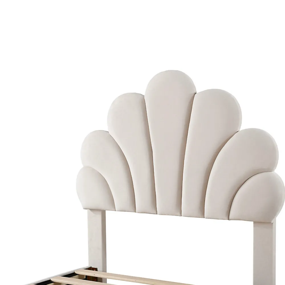 Lit avec rangement 90x200 cm simple enfant fille capitonné avec 2 ablagefächer et lattenrost, velours+bois beige, sans matelas>Okwish Online