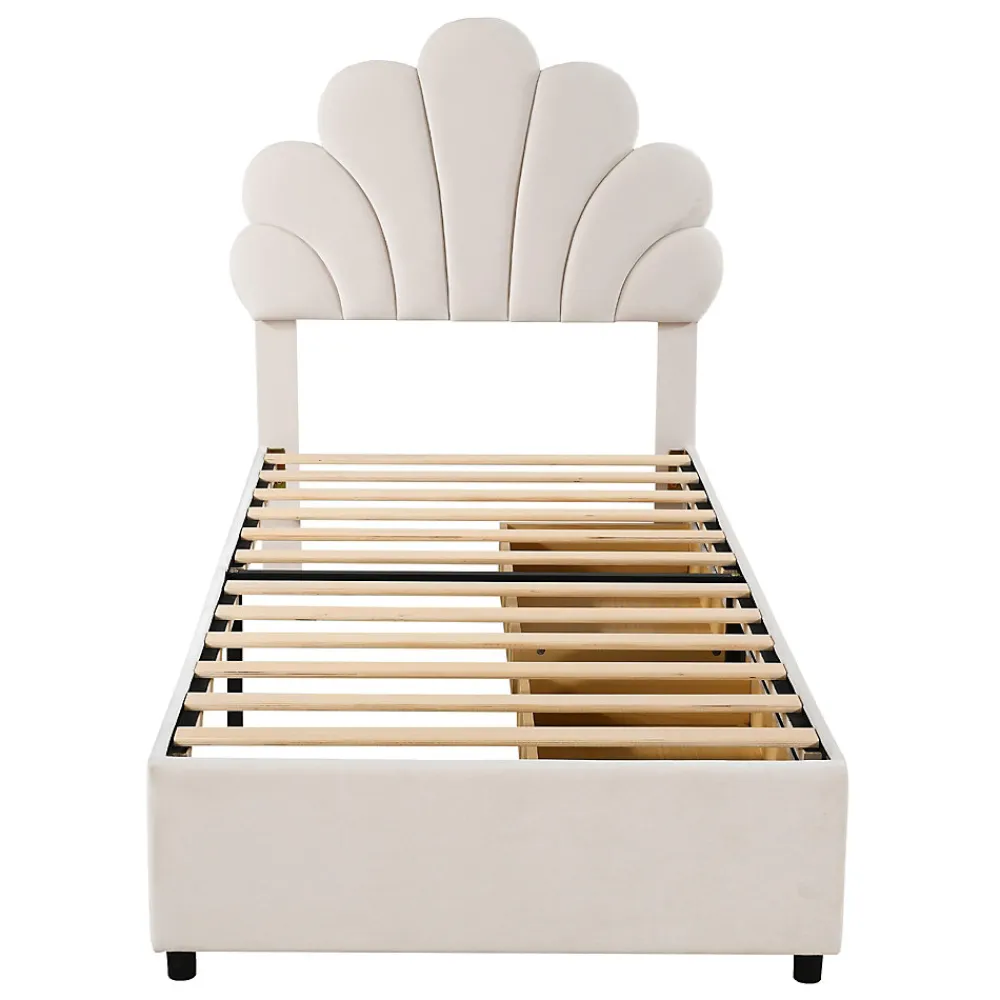 Lit avec rangement 90x200 cm simple enfant fille capitonné avec 2 ablagefächer et lattenrost, velours+bois beige, sans matelas>Okwish Online