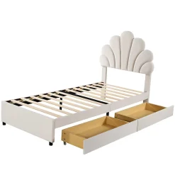Lit avec rangement 90x200 cm simple enfant fille capitonné avec 2 ablagefächer et lattenrost, velours+bois beige, sans matelas><noscript><img width=