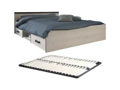 Lit avec rangements 140 x 190 cm - 2 tiroirs et 1 niche - Coloris : Naturel + Sommier - PABLO>Vente-unique Online