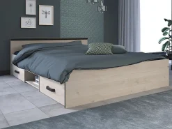 Lit avec rangements 140 x 190 cm - 2 tiroirs et 1 niche - Coloris : Naturel + Sommier - PABLO><noscript><img width=