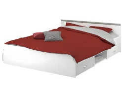 Lit avec rangements 140 x 190 cm - 2 tiroirs et 1 niche - Coloris : Blanc + Sommier - PABLO>Vente-unique