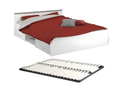Lit avec rangements 140 x 190 cm - 2 tiroirs et 1 niche - Coloris : Blanc + Sommier - PABLO><noscript><img width=