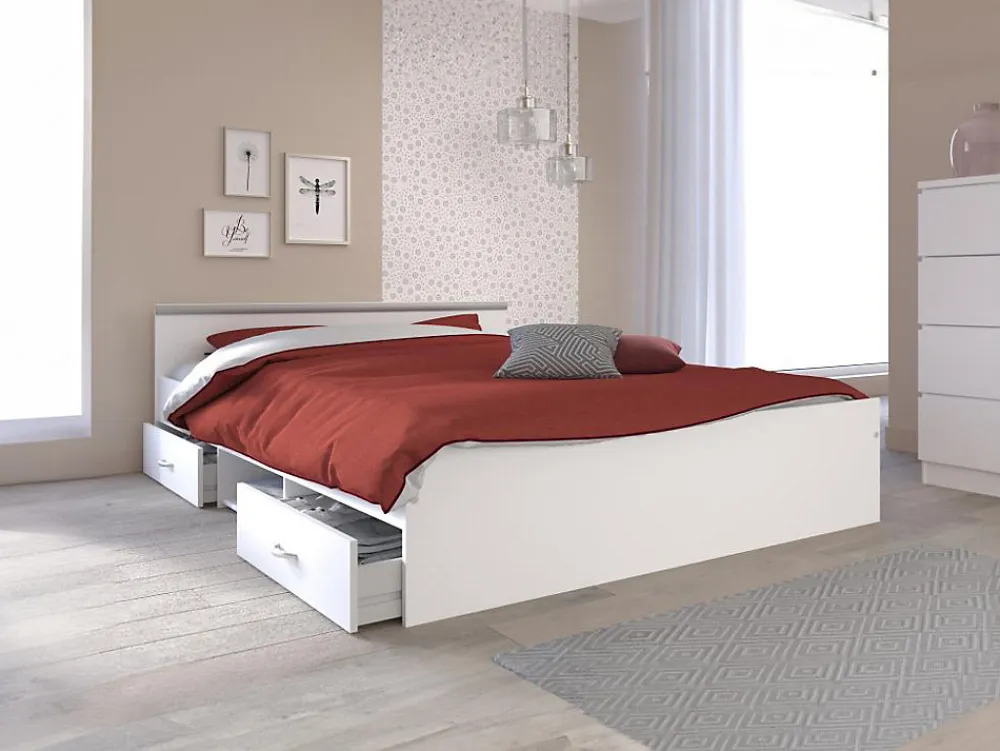Lit avec rangements 140 x 190 cm - 2 tiroirs et 1 niche - Coloris : Blanc + Sommier - PABLO>Vente-unique