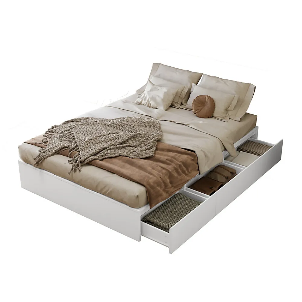 Okwish Lit avec Rangements 140x200 cm - Lit Double avec Tiroirs, Espace sous le Lit - MDF - Blanc - Sans Matelas* Lit Avec Rangement
