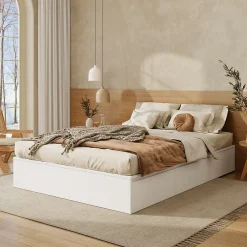 Okwish Lit avec Rangements 140x200 cm - Lit Double avec Tiroirs, Espace sous le Lit - MDF - Blanc - Sans Matelas* Lit Avec Rangement