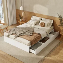 Okwish Lit avec Rangements 140x200 cm - Lit Double avec Tiroirs, Espace sous le Lit - MDF - Blanc - Sans Matelas* Lit Avec Rangement