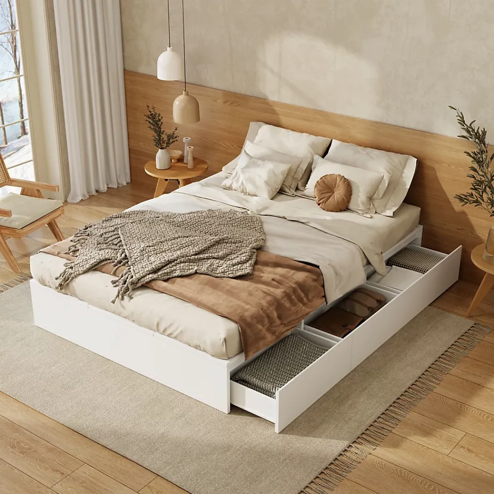 Okwish Lit avec Rangements 140x200 cm - Lit Double avec Tiroirs, Espace sous le Lit - MDF - Blanc - Sans Matelas* Lit Avec Rangement