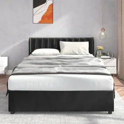 Lit avec Rangements 160x200, Lit Double Capitonné en Velours Noir avec 2 Tiroirs><noscript><img width=