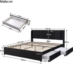 Lit avec Rangements 160x200, Lit Double Capitonné en Velours Noir avec 2 Tiroirs><noscript><img width=