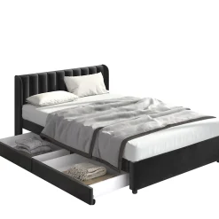 Lit avec Rangements 160x200, Lit Double Capitonné en Velours Noir avec 2 Tiroirs><noscript><img width=