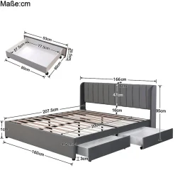 Okwish Lit avec Rangements 160x200, Lit Double Capitonné en Velours Gris avec 2 Tiroirs* Lit Avec Rangement