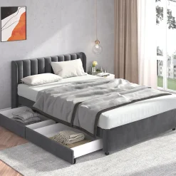Okwish Lit avec Rangements 160x200, Lit Double Capitonné en Velours Gris avec 2 Tiroirs* Lit Avec Rangement
