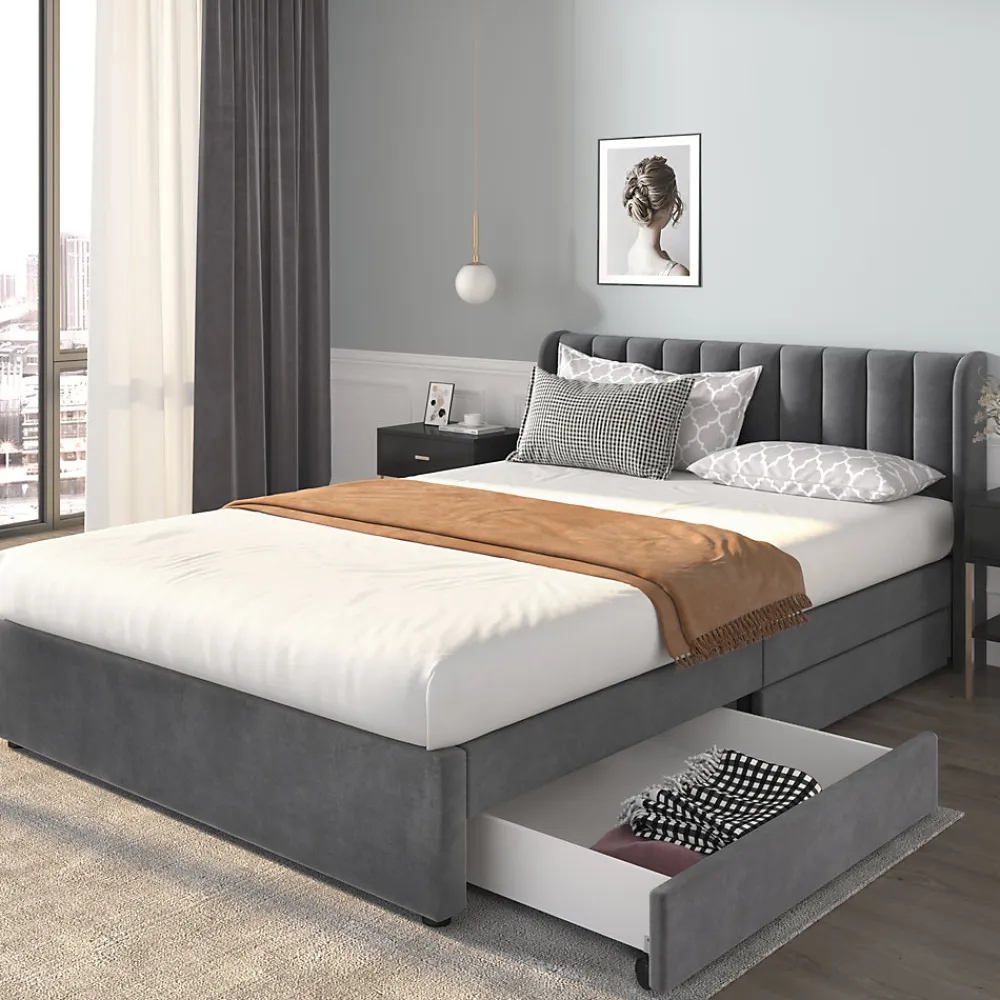 Lit avec Rangements 140x200, Lit Double Capitonné avec 2 Tiroirs, Velours Gris>Okwish Discount