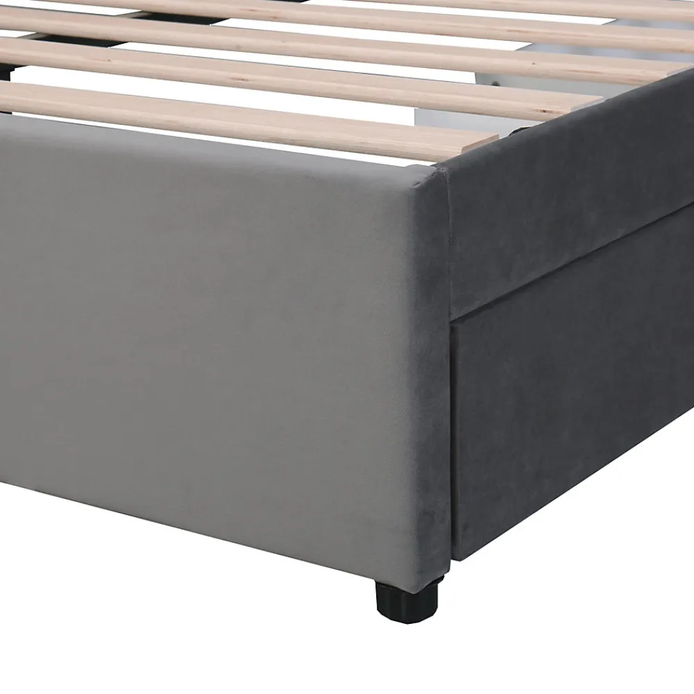 Lit avec Rangements 140x200, Lit Double Capitonné avec 2 Tiroirs, Velours Gris>Okwish Discount