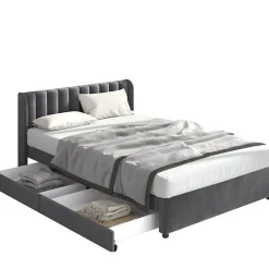 Lit avec Rangements 140x200, Lit Double Capitonné avec 2 Tiroirs, Velours Gris><noscript><img width=