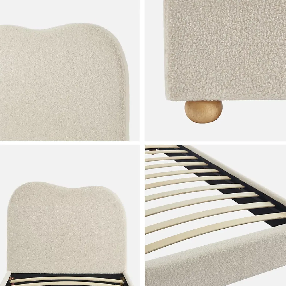 Sweeek Lit avec sommier à lattes et tête de lit. blanc finition bouclette. L204 x P98 x H96.5cm* Lit Simple