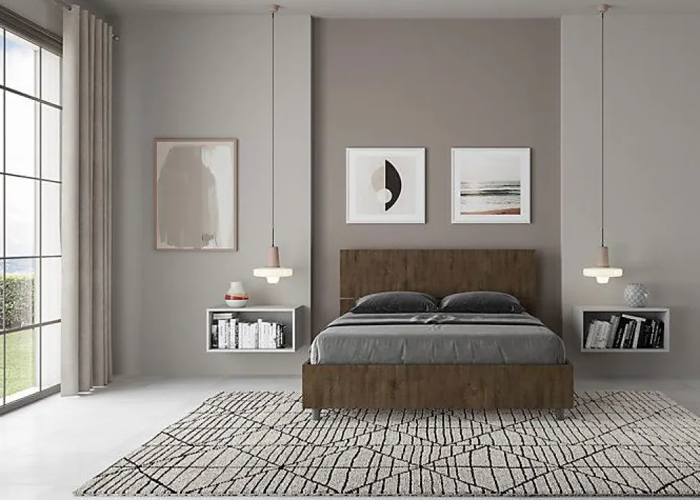 Lit avec sommier à lattes 140x190, tête de lit inclinée Demas en noyer>Ityhome Sale
