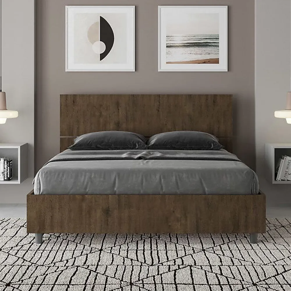 Lit avec sommier à lattes 140x190, tête de lit inclinée Demas en noyer>Ityhome Sale
