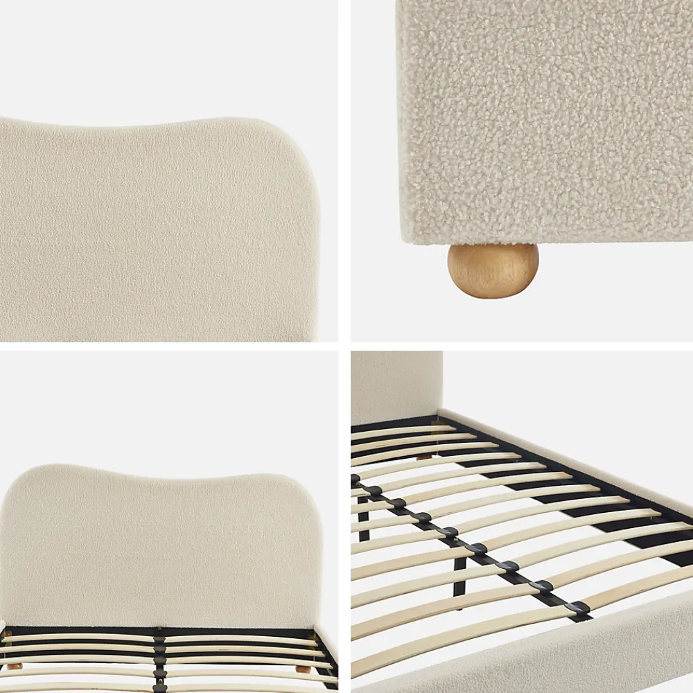 Lit avec sommier à lattes et tête de lit. blanc finition bouclette. L203 x P148 x H97cm>Sweeek