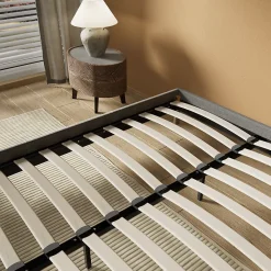November Lit avec sommier lattes en bois - 160x200 cm - Tissu Gris - Pieds en bois* Sommier