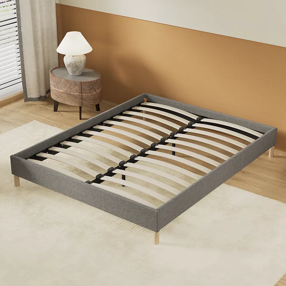 November Lit avec sommier lattes en bois - 160x200 cm - Tissu Gris - Pieds en bois* Sommier