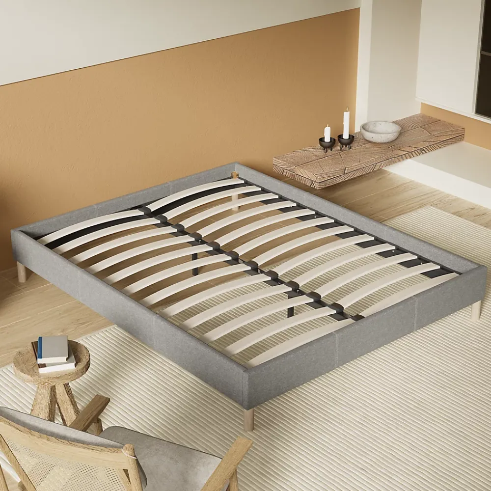 November Lit avec sommier lattes en bois - 160x200 cm - Tissu Gris - Pieds en bois* Sommier