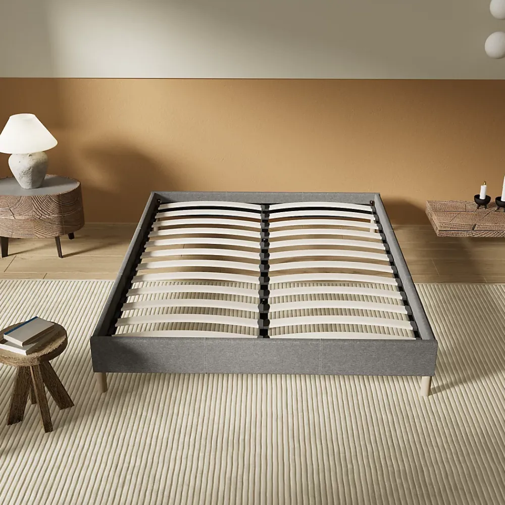 November Lit avec sommier lattes en bois - 120x190 cm - Tissu Gris - Pieds en bois* Sommier